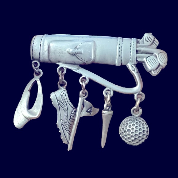 VINTAGE JJ JONETTE GOLF CLUBS DANGLE BALL TEE HAT FLAG SHOE PEWTER PIN BROOCH - Picture 3 of 3